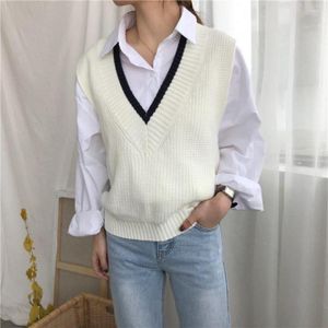 Women's Vests Knit Vest Women Contrast Trim V-Neck Sleeveless Tops Preppy Style Fall Winter Schoolgirl Casual Outfits /