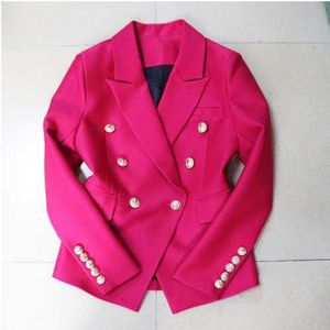 Blazer feminino vermelho de alta qualidade novo casaco de outono clássico metal dourado botões trespassado fúcsia blazer feminino mujer x0721