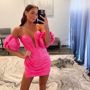 Rosy Pink Glitter Cocktail Sukienka Krótkie rękawy Polega szyi krótka sukienki na studniówkę mini imprezę