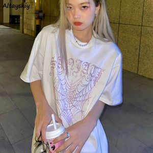 نساء Tshirt Cotton Tshirts Women Purple Cobweb Print Summer Summer Sleeve College Korean Loose Allmatch Design Tops Harajuku Fashion 230601