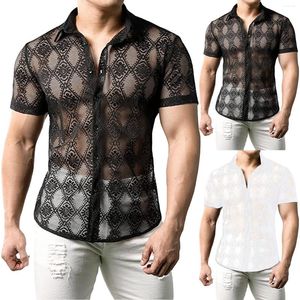Mäns casual skjortor män mesh skjorta spets lapel kort ärm blomma ren transparent streetwear sexig camisas modeparty nattklubb