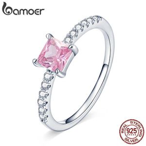 Solitaire Ring Bamoer Authentic 925 Sterling Silver Sakura Pink Square Crystal Zircon Halo Ring for Women Engagement Jewelry Finger Ring BSR191 Z0603