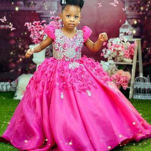 2023 Fuchsia Crystals Flower Girl Dresses Ball Gown Tulle V-neck Beaded Vintage Little Girl Peageant Dress Gowns ZJ405