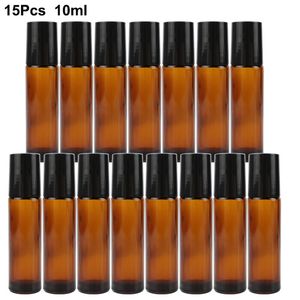 Perfume Bottle 15Pcspack 10ml Amber Glass Roll on for Essential Oil Vials with Roller Metal Ball Refillable Bottles Containers 230602