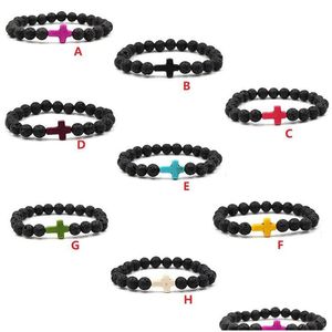 Beaded Cross Charms Black Lava Stone Bracelet Aromatherapy Essential Oil Diffuser For Men Women Stretch Yoga Jewelry Drop Delivery Br Dh8Vb