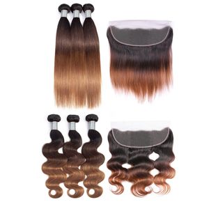 Indian Human Hair Double Wefts With 13X4 Lace Frontal Free Part 1B/4/30 Three Tone Color 10-30inch 1B 4 30