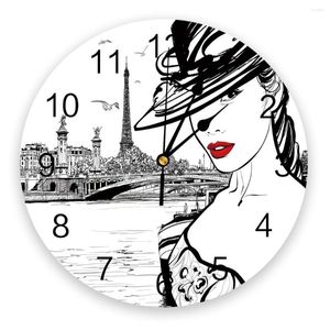 Wall Clocks Paris Seine Woman Eiffel Tower Red Lips Clock Modern Design Hanging Watch For Home Decoration Living Room Art