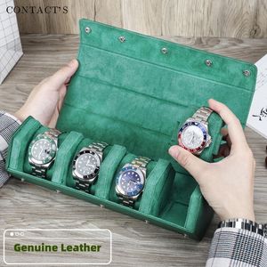 Watch Boxes Cases TOP 2/3/4Slots Watch Roll Box Saffiano Genuine Leather Watch Travel Roll Box Jewelry Storage Organizer Green Portable Watch Case 230602