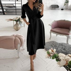 Sukienki swobodne moda damska lapel stała kolor solidny rękaw długą damę sexy v dekolcie talia midi sukienka elegancka imprezy vestidos