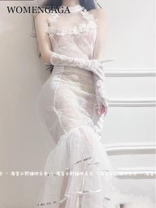 Klä WOMENGAGA TUN MESH LACE RUFFLES MAXI DRESS Bride Cosplay Uniform Robe Transparent Thin Hot Sexy Korean Women Robe Sweet GSM7