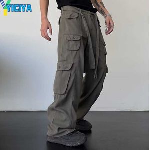 YICIYA GODLIKEU High Street Retro Casual Grande Bolso Masculino Solto Reto Drapeado Calça Cargo Perna Larga