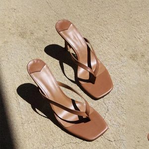 New Leather Flip Flops Kitten Heel Square Toe Slippers Women Designer Brand Muller Shoes Sexy Women Shoes sandalias mujer verano