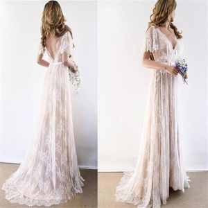 Boho Beach Wedding Dress 2020 V Neck Cap Sleeve Lace Beach bröllopsklänning Billig Backless Custom Made A-Line Bride Dresses237R