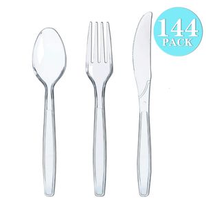 Disposable Dinnerware 48 96 144 216pcs Plastic Cutlery Tableware Crystal Knife Fork Spoon For Party Household Supplies 230603