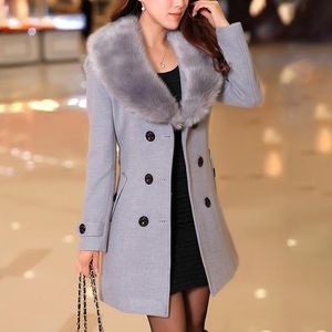 Fur Womens Faux Pelzkragen Solid Trench Coats Lady Slim Double Breasted Wolljacken Mantel Neue Herbst Winter weiblich Outwear 5xl