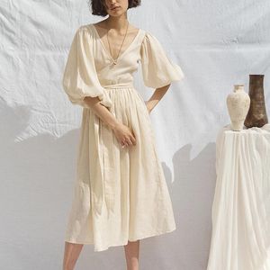 Dresses Korean Fashion Cotton Linen Summer Women Dress Yellow Casual Puff Sleeve Vneck Bandage Holiday Beach Party Dress Vestido