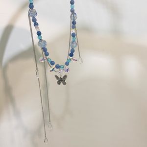 Summer Blue Butterfly Stone Beaded Necklace New Popular Collar Chain Handmade Women's Advanced Butterfly Neckchain Gift