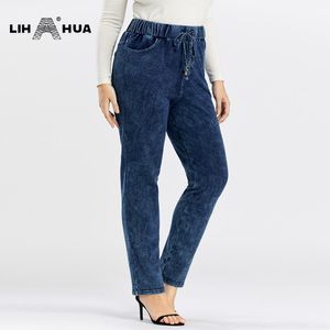 Kjol lih hua kvinnors plus storlek jeans hösten hög stretch bomull stickad denim byxor avslappnade mjuka jeans