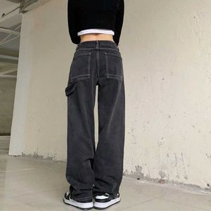 Lucy Ever Harajuku czaszka biała kość punkowa luźna prosta szeroka nogi spodnie damskie stary uliczne jeansy p230602
