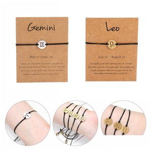 Charm Pulseiras 12 Constelações Signos do Zodíaco Para Mulheres Homens Presente de Aniversário Corda Preta Cabo de Cera Aço Inoxidável Drop Delivery Jóias Dhgbj