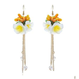 Dangle Chandelier Statement Korean Sweet Fabric Flowers Long Earrings For Women Vintage Large Gold Metal Chain Jewelry Drop Deliver Dh0Rp