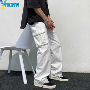 Yiciya calças masculinas bla/branco calças casuais moda masculina solta reta calças de perna larga homem streetwear hip-hop poeta carga calças dos homens