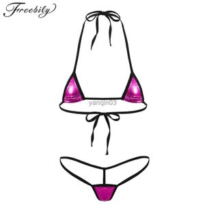 Women's Swimwear Womens Shiny Metallic Mini Bikini Swimsuit Bathing Suit Halter Neck Tie-on Bra Top with G-String Thong Briefs Erotic Swimwear J230603