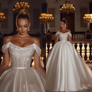 2022 Sparkly Off-the-Shoulder Sequins A-line Wedding Bridal Dress with Detachable Sweep Train BC12054 C0404190n