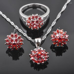 Necklace Earrings Set 2023 Red Zirconia Women's Silver Color Pendant Rings Wholesale Jewellry QZ0228