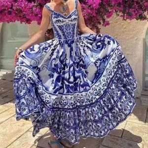 Klänningar Runway Summer Holiday Long Dress Boho Women's Spaghetti Strap Blue and White Porcelain Print Sexig Elastic Backless Vestidos Robe