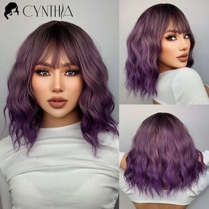 Cosplay peruki Purple Ombre Short Bob Body Wave syntetyczne peruki dla kobiet cosplay z grzywką białe syntet naturalne włosy lolita pelucas 230602