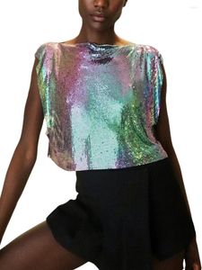 Canotte da donna Top luccicanti da donna Canotta brillante Club Crop Canotta Party Glitter Disco Concert Estate senza maniche Metallic Sparkle Top