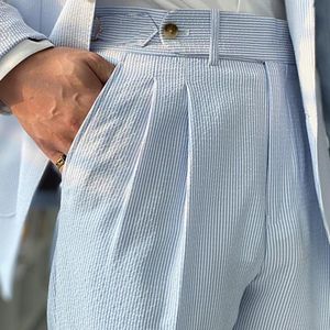 Pants Spring Seersucker High Waist Straight Pants British Petty Bourgeoisie Blue Stripe Italian Casual Trousers Men Pantalones Hombre