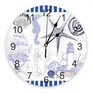 Wall Clocks Marine Texture Stripes Lighthouse Anchor Retro Print Clock Art Silent Round Watch For Home Decortaion Gift