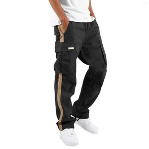 Pantaloni da uomo Quattro stagioni da uomo Street Tempo libero Sport Multi tasca Piede Corda Vita Stringata Patchwork Nastro Tessuto standard Cargo Stripe