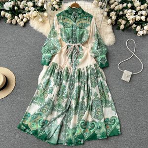 Dress High Quality Spring Women Fashion Runway Long Dress Lantern Sleeve Stand Collar with Belt Floral Print Holiday Maxi Dresses