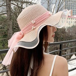 Wide Brim Hats Sun Hat Large Protection Ruffle Edge Bow Ribbon Faux Pearl Decor Summer Women Straw Beach For