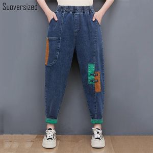 Jeans vintage blå baggy skarvade harem jeans kvinnor ankellängd avslappnad elegant hög midja överdimensionerade denim byxor koreanska söta pantaloner