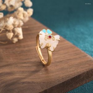 Anéis de casamento Estilo China Cloisonne Esmalte Cor Borboleta Jade Branco Anel Micro Incrustado Pérola Ouro Aberto Ajustável Para Jóias Femininas