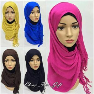 Etniska kläder Kvinnor Tasslar huvudduk Muslim Islamisk vanlig hijab fast färg sjalar arabiska turban pannband headwrap långa halsdukar