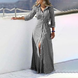 Casual Dresses Women Cardigan Dress Lapel Collar Single Breasted Shirt Striped Cotton Linen 3/4 Sleeve Summer With Belt For Work