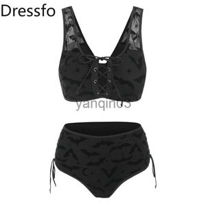 Roupa de banho feminina Dressfo conjunto de biquíni gótico maiô morcego com estampa de estrela crescente maiô tankini malha cintada com cadarço recortado roupa de banho 2023 feminino J230603