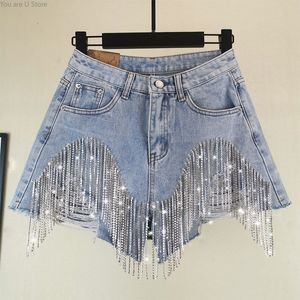 Shorts Feminino Streetwear Casual Cintura Alta Frisado Lantejoulas Blingbling Slim Booty Franjas Jeans Rasgados Senhoras 230601