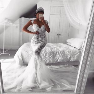 Elegant Mermaid Wedding Dresses 2022 Dramatic Boho Lace Robe De Mariee Vintage Winter Beautiful Arabic Bride Dress With Court Trai304b