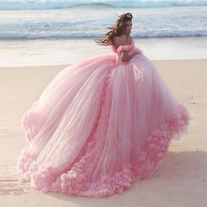 Romantic Pink Wedding Dresses Princess Ball Gowns 3D-Floral Appliques Big Puffy Modest Bridal Gowns Short Sleeve Arabic Dubai robe219D