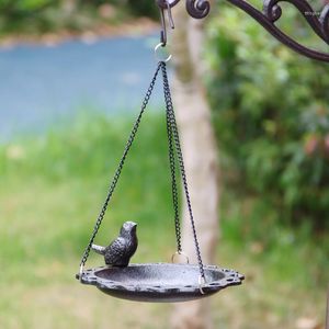 Garden Decorations Vintage Black Cast Iron Hanging Bird Feeder Bath Round Hollow Edge Plant Candle Storage Tray For Outdoor Patio Backyard