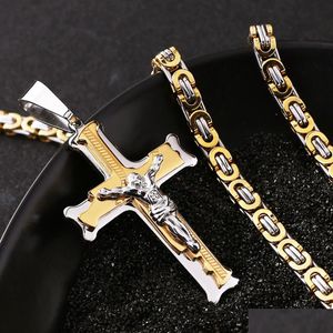 Pendant Necklaces Stainless Steel Mens Cross Christian Jesus Crucifix Charm Chain Necklace For Women Fashion Hip Hop Jewelry Drop De Dhzpj