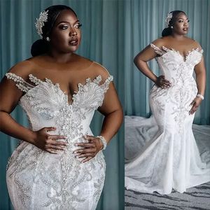 2023 African Arabic Charming Mermaid Wedding Dresses Illusion Full Lace Appliques Crystal Beading Cap Sleeves Chapel Train Formal Bridal Gowns Plus Size