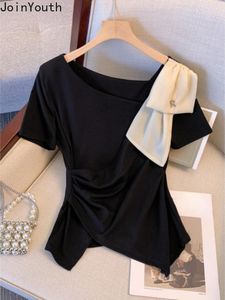 女性のTシャツコットンウーマンTシャツ半袖foldsファッション不規則な夏のTシャツRopa Mujer韓国気質トップFemme 230603