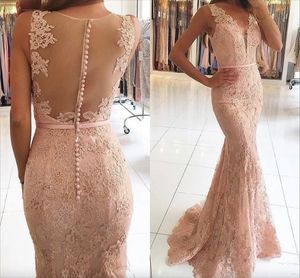 Nuovi abiti da sera sexy con scollo a V indossano applicazioni di pizzo Illusion con perline Blush Pink Mermaid Long Sheer Back Formal Party Dress Prom Gowns